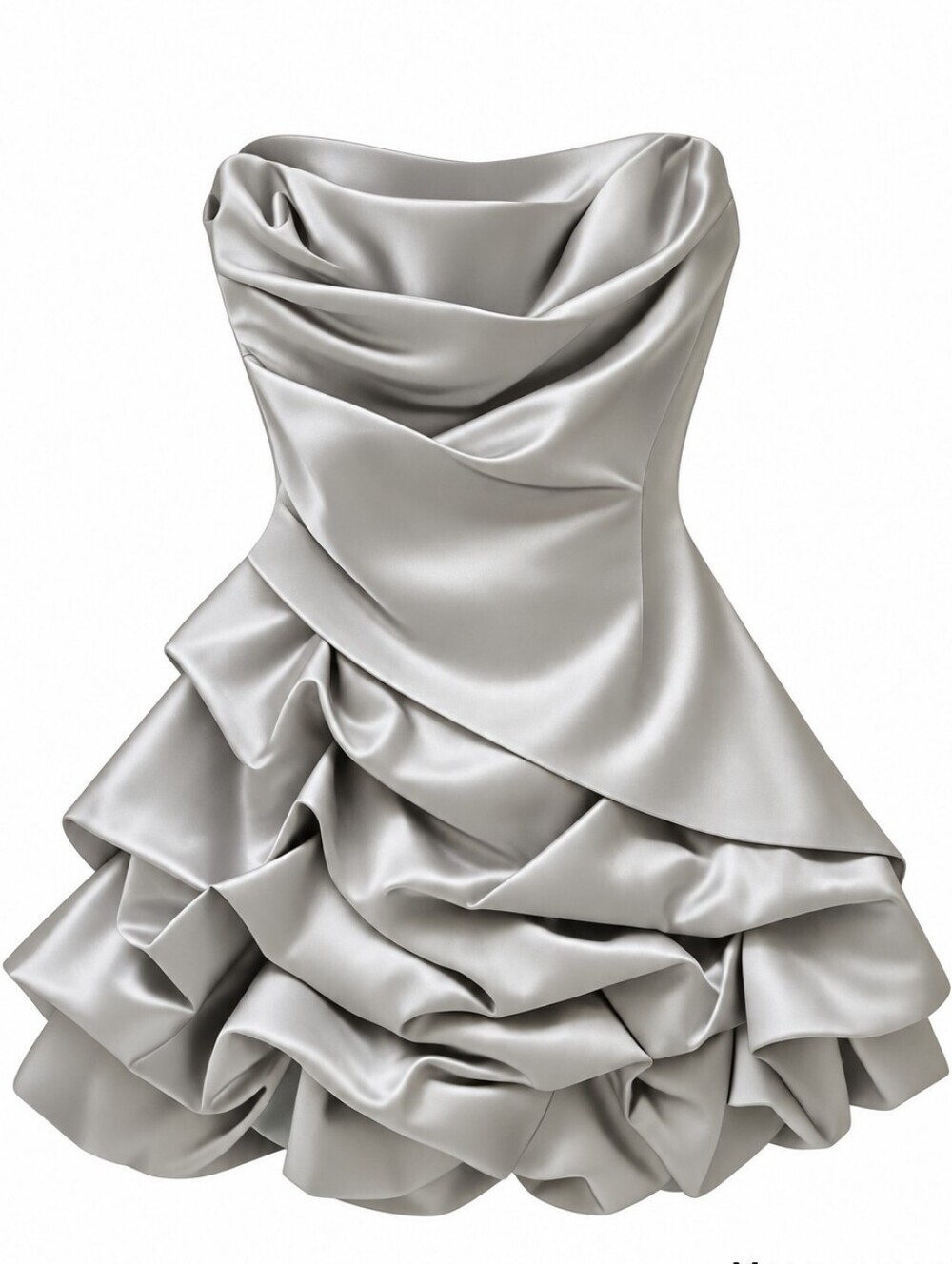 Let'S Fachion Elegant Silver Satin Strapless Ruffled Cocktail Dress